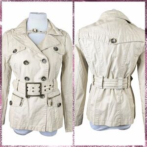 Blanc Noir Cream/Tan Belted Short Cargo Trench Coat - Size Medium